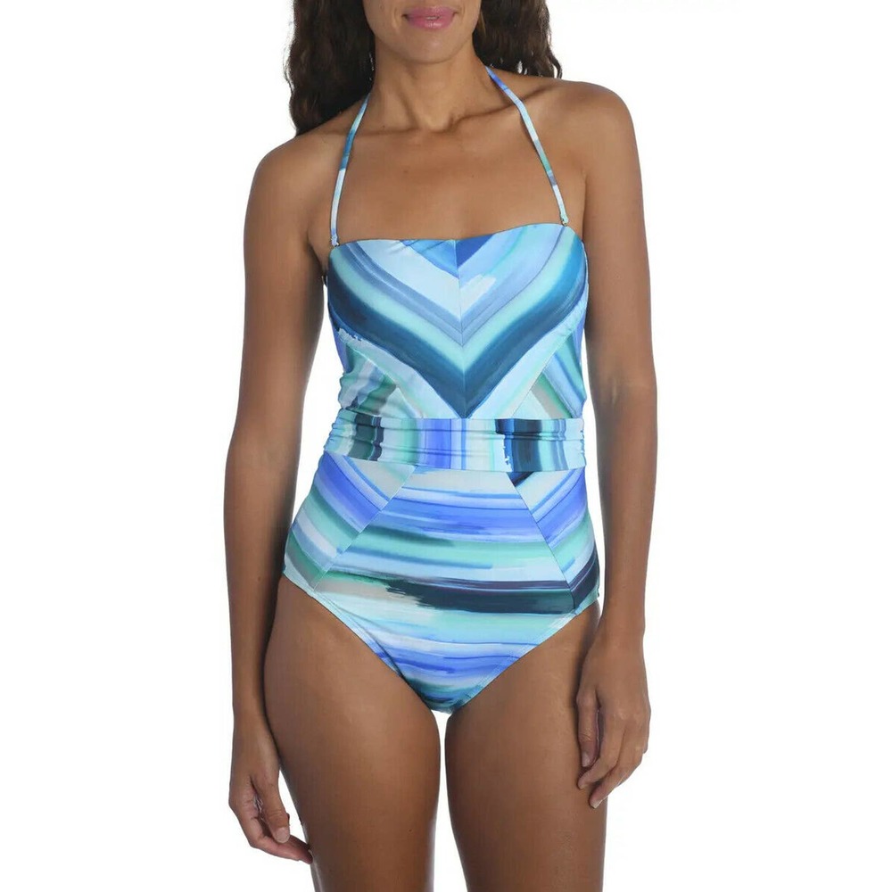 LA BLANCA NWOT Blue Ocean Tides Striped Bandeau One-Piece Swimsuit Size 8